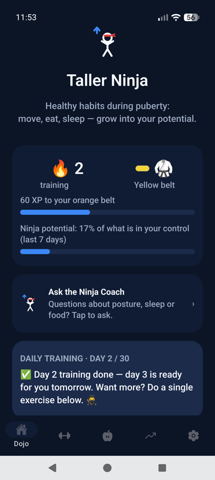 The Dojo: today's training, habits and streak