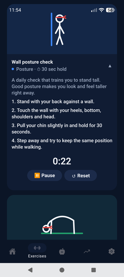 A guided exercise with the pose drawn and a timer
